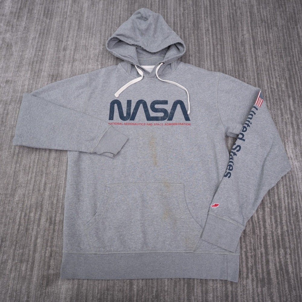 League NASA Hoodie Mens Large Gray Good Graphic Pullover Fleece Sweatshirt